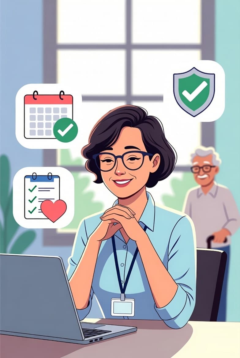 Care home manager confidently managing scheduling, compliance and resident wellbeing